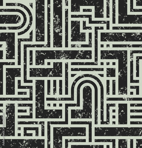LIGHT YELLOW GREEN SEAMLESS BACKGROUND WITH DARK GRAY ABSTRACT GEOMETRIC MAZE PATTERN IN GRUNGE STYLE