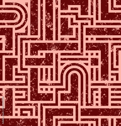 LIGHT PINK SEAMLESS BACKGROUND WITH RED BURGUNDY ABSTRACT GEOMETRIC MAZE PATTERN IN GRUNGE STYLE