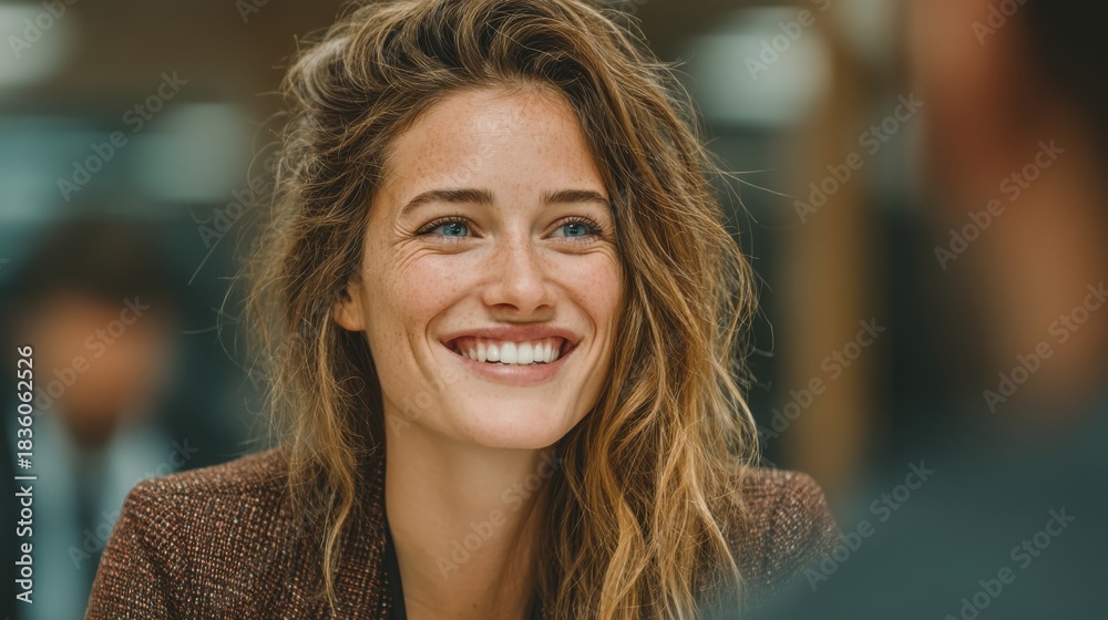 Obraz premium Female-led tech innovation Smiling woman with wavy hair in a professional setting.