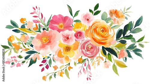 Vibrant watercolor floral arrangement with pink and orange blossoms