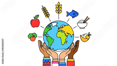 Hands holding the Earth surrounded by food icons, representing global food systems.