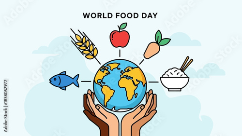 World Food Day illustration with earth, hands, and various food items.