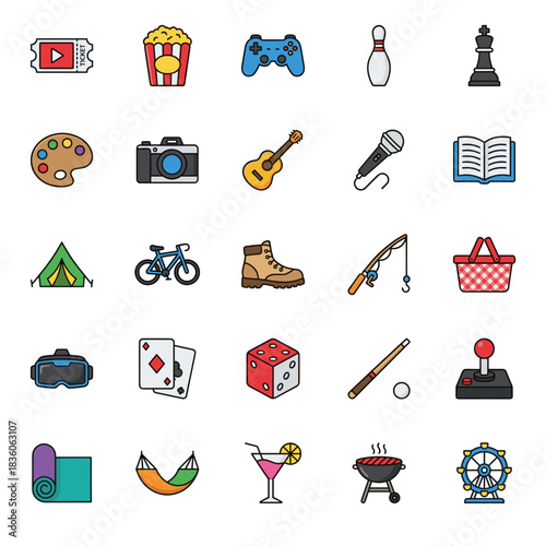Comprehensive collection of hobby and leisure activity icons, featuring arts, music, camping, sports, games, and relaxation in a flat design.