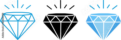 Three stylized diamond icons with sparkle accents