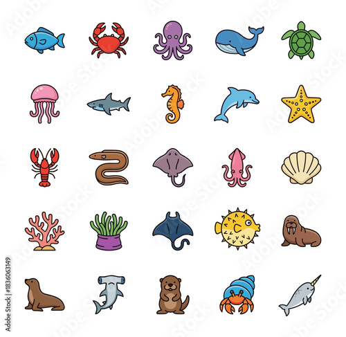 Vibrant collection of marine life and sea creature icons, featuring fish, crustaceans, mammals, and other ocean inhabitants in a flat design.