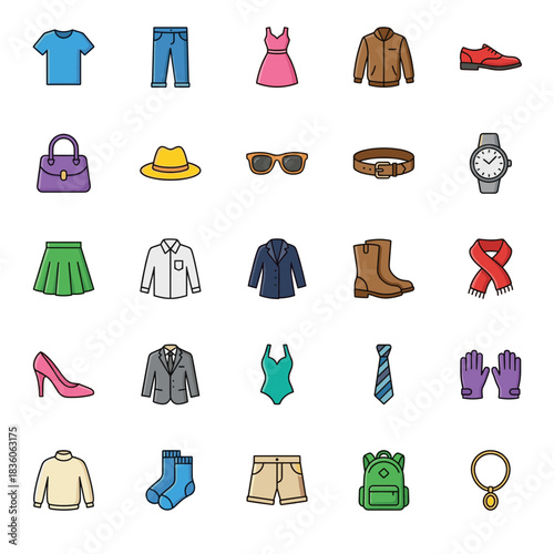 Diverse fashion and clothing icons set, including garments, shoes, and accessories for various styles and seasons in a colorful flat design.