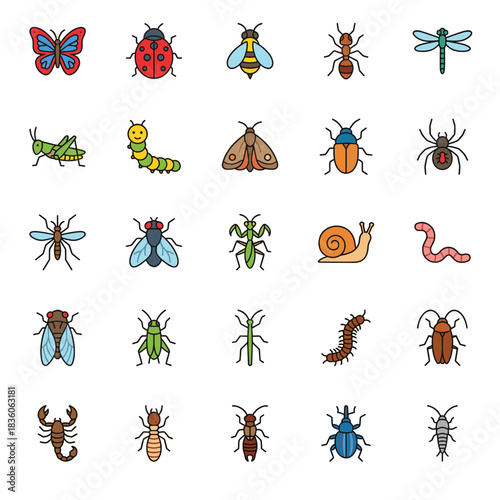 Comprehensive collection of insect and bug icons, featuring butterflies, beetles, ants, spiders, and various creepy crawlies in a cute flat design.
