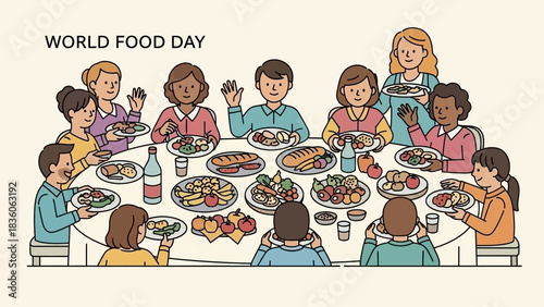 Illustration of people around a table with food for World Food Day.