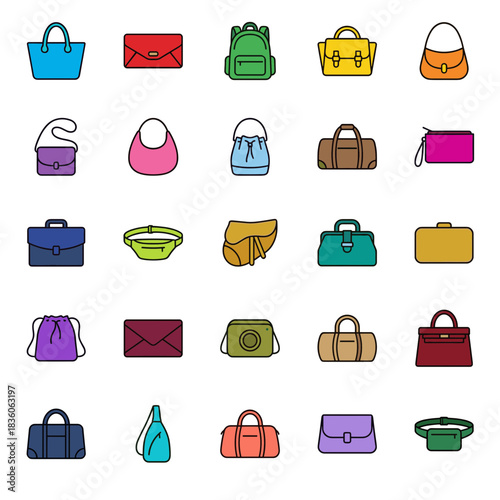 Flat Line Vector Icons Showcasing Diverse Fashion Bags, Luggage, and Clutches for Retail and Accessory Designs.