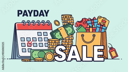 Payday sale illustration with calendar, money, and shopping bag.