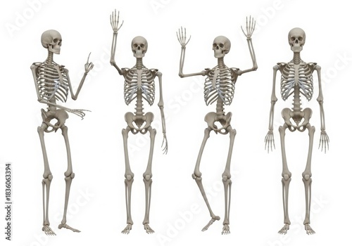 Four human skeletons posing and waving isolated on white background