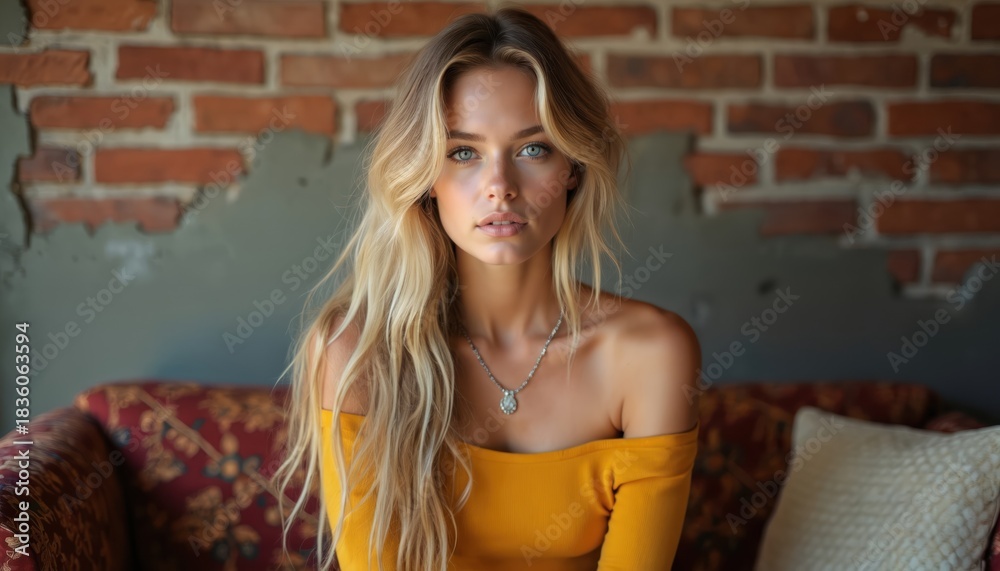 Naklejka premium Blonde woman with blue eyes sits on couch. Yellow off shoulder top, silver necklace. Brick wall background. Indoor portrait of attractive young female.