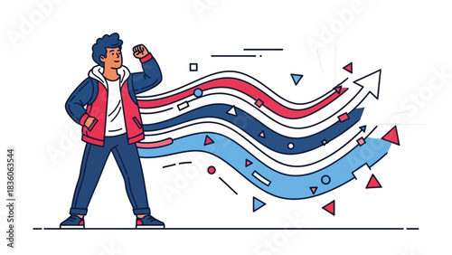 Illustration of a man standing in front of an upward trending arrow.