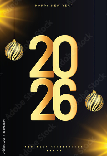 happy new year 2026 dark poster with xmas bauble