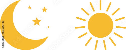 Simple yellow sun and crescent moon with stars illustration