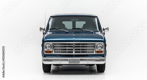 Classic blue van isolated front view on white background