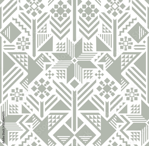 WHITE SEAMLESS VECTOR ABSTRACT GEOMETRIC BACKGROUND WITH LIGHT GREEN STYLIZED PATCHWORK BIRDS AND FLOWERS