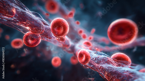 Microscopic Close-Up Of Red Blood Cells Flowing Through A Vein In A Dynamic Circulatory Scene