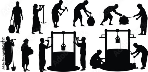 Water, well, silhouette, posture, gesture, bucket, rope, pulley, dig, carry, rural, agriculture, labor, traditional, tool, infrastructure, draw, maintain, vector, black, pose, setup, flavector