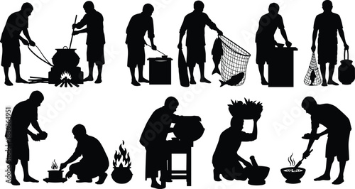 Cooking, food, preparation, silhouette, posture, gesture, stir, grind, mortar, pestle, fire, pot, rural, traditional, culinary, vessel, steam, setup, vector, black, pose, flavector