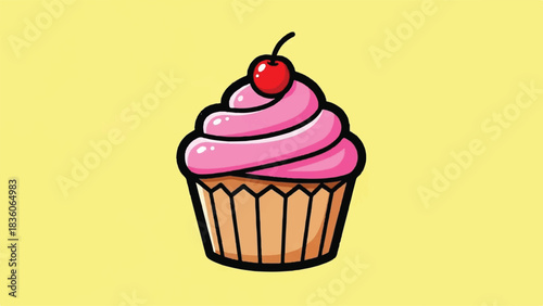 A delicious pink frosted cupcake with a cherry on top.