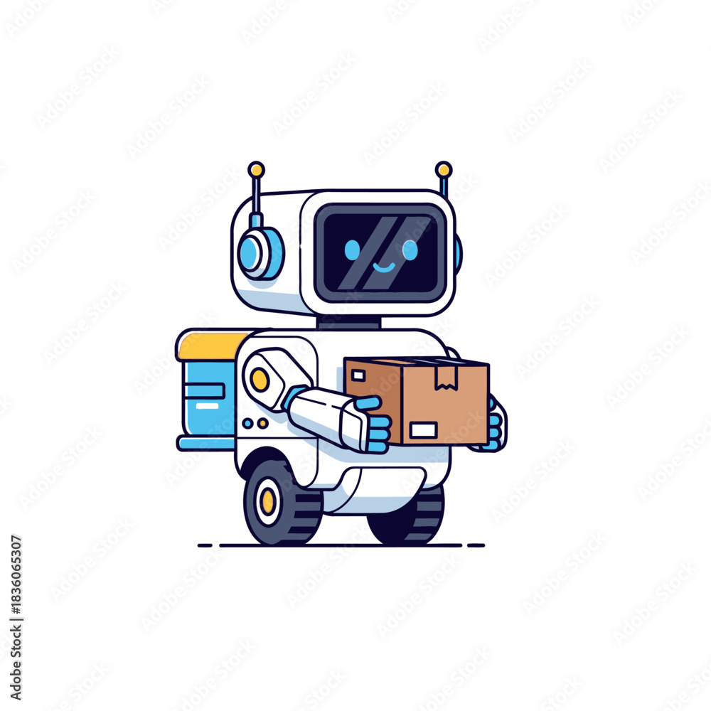 Fototapeta premium Cartoon Robot Delivering Package with Expressive Digital Display.