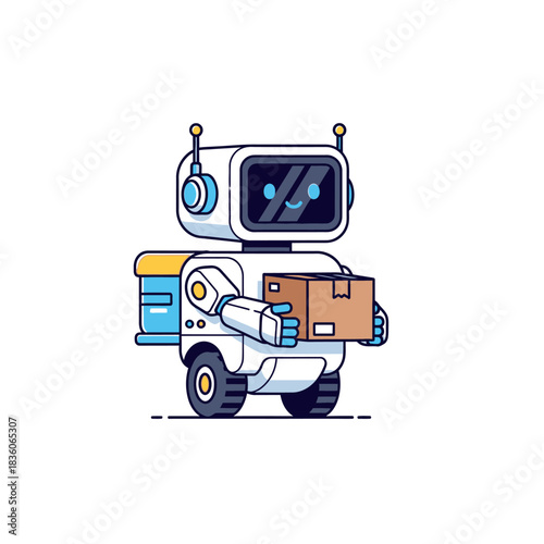 Cartoon Robot Delivering Package with Expressive Digital Display.