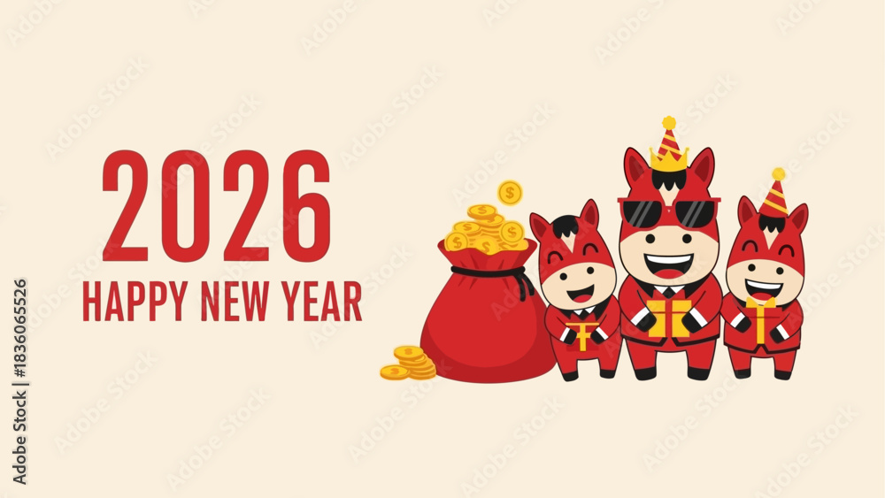 Fototapeta premium 2026 Happy New Year Celebration Adorable Cartoon Horse Characters and Golden Coins