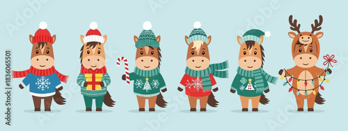 Cute cartoon horses dressed in festive holiday sweaters and hats, ready for winter celebrations