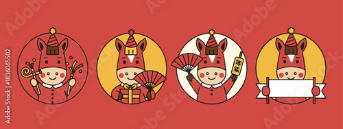 Collection of cute Chinese zodiac horse characters in festive outfits for Lunar New Year