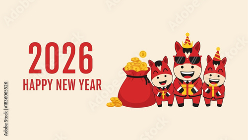 2026 Happy New Year Celebration Adorable Cartoon Horse Characters and Golden Coins