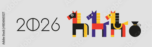 Vibrant geometric horses heralding prosperity for the Lunar New Year of 2026
