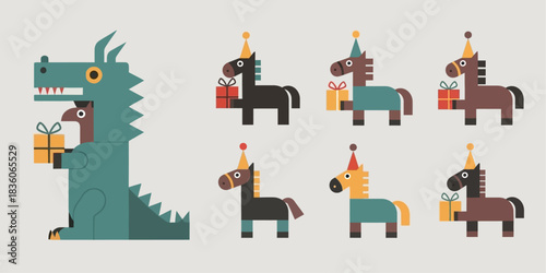 Delightful vector illustration set featuring a friendly dragon and cute ponies exchanging gifts for a festive celebration