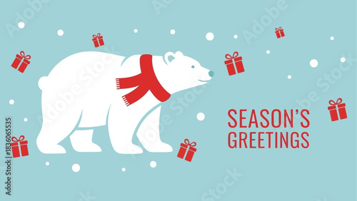Seasons Greetings Polar Bear with Gifts in Winter Background Illustration