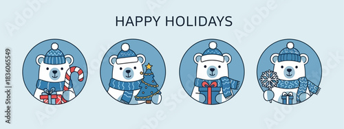 Charming cartoon polar bear characters celebrating festive winter holidays with an assortment of gifts and decorations