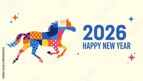 Vibrant Geometric Patchwork Horse Illustration for Happy New Year 2026 Celebration