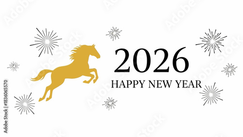 Dynamic Golden Steed Galloping Towards a Joyful 2026 New Year Celebration with Fireworks