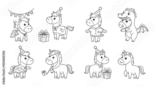 A whimsical set of cute cartoon pony characters for a birthday party coloring book page collection