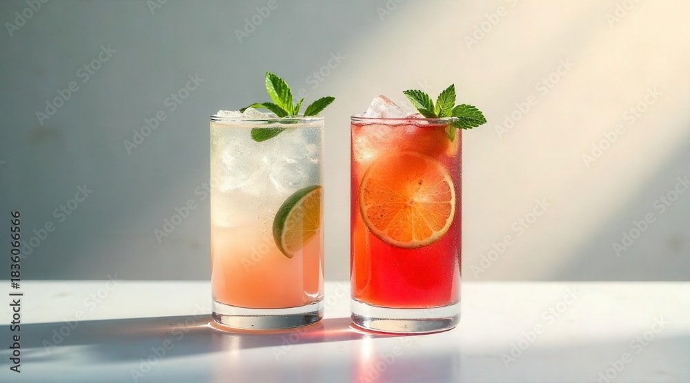 Naklejka premium Refreshing beverages with citrus and mint garnishes, chilled with ice, presented in elegant glassware, evoke a sense of pleasant refreshment