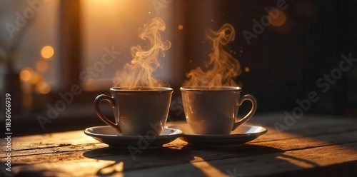 Two steaming cups of warm beverage sit on a rustic wooden surface bathed in soft golden light, evoking a sense of comfort and tranquility
