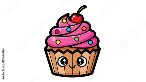 Delicious cupcake with pink frosting and a cherry on top is a sweet treat.