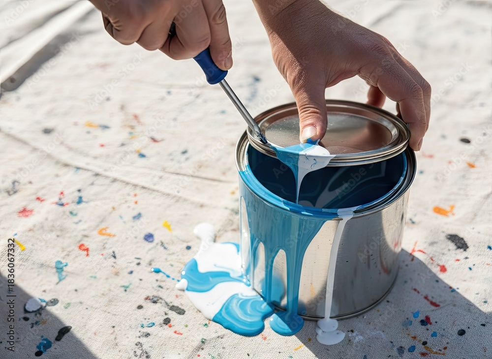 Obraz premium Close up of a person's hands using a paint roller to mix blue and white paint from a metal can on a drop cloth with paint splatters