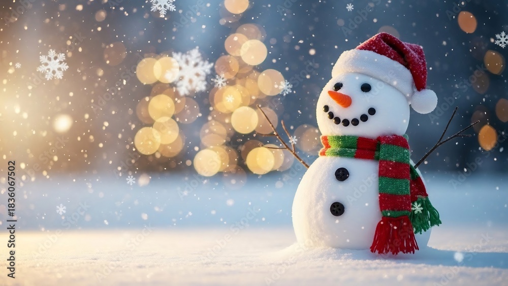 Fototapeta premium Adorable smiling snowman wearing a festive Santa hat and scarf on a snowy winter day with bokeh lights