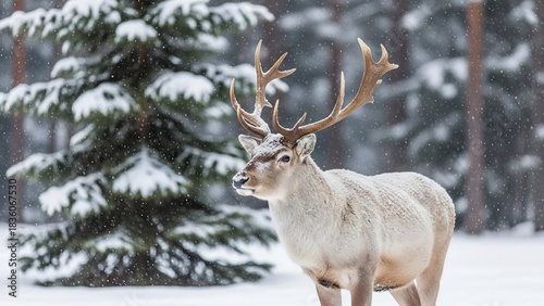 Wallpaper Mural A majestic white reindeer with impressive antlers stands peacefully in a snowy winter forest next to an evergreen tree Torontodigital.ca