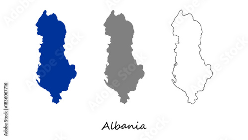 Albania map set. Albania map vector on blue, gray, and outline. Albania map for educational materials, infographics, presentations, data visualization, travel graphics