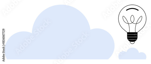 Technology, innovation, creative ideas, cloud storage, data sharing, artificial intelligence. Minimalist composition of a light bulb next to cloud icons. Technology and innovation