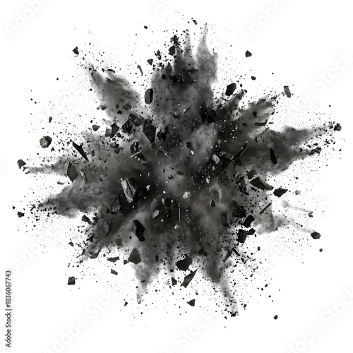 Black Dust and Debris Explosion with Fragments on Isolated Background