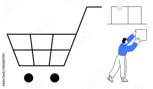Online shopping. Shopping cart symbol and warehouse worker handling packaging boxes. Online shopping simplifies logistics and packaging for e-commerce, retail, and delivery processes. Usage include