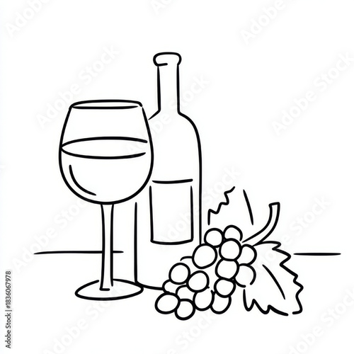 Wine still life, black and white, representing a winery or tasting, minimalist line art
