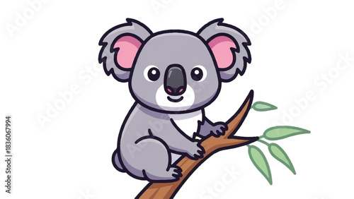 Cute Cartoon Koala Sitting on a Tree Branch.
